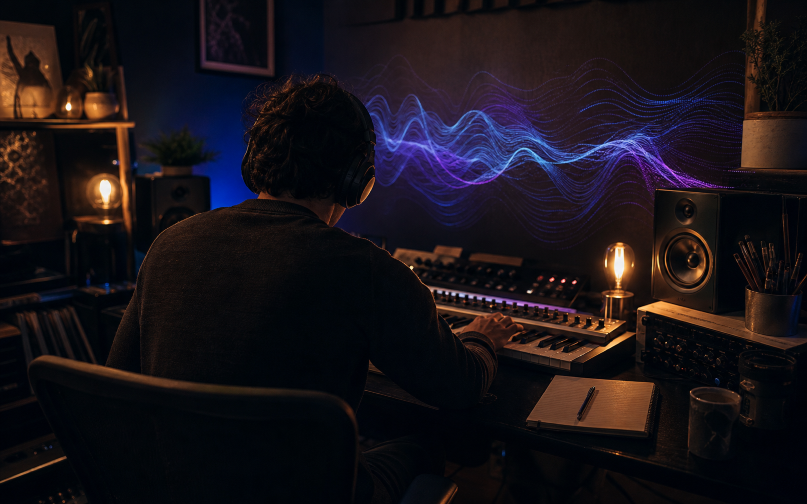 Abstract blue and violet sound waves forming a complete musical track