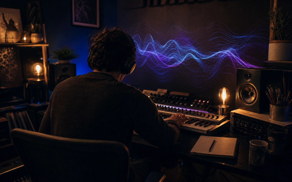 Abstract blue and violet sound waves forming a complete musical track
