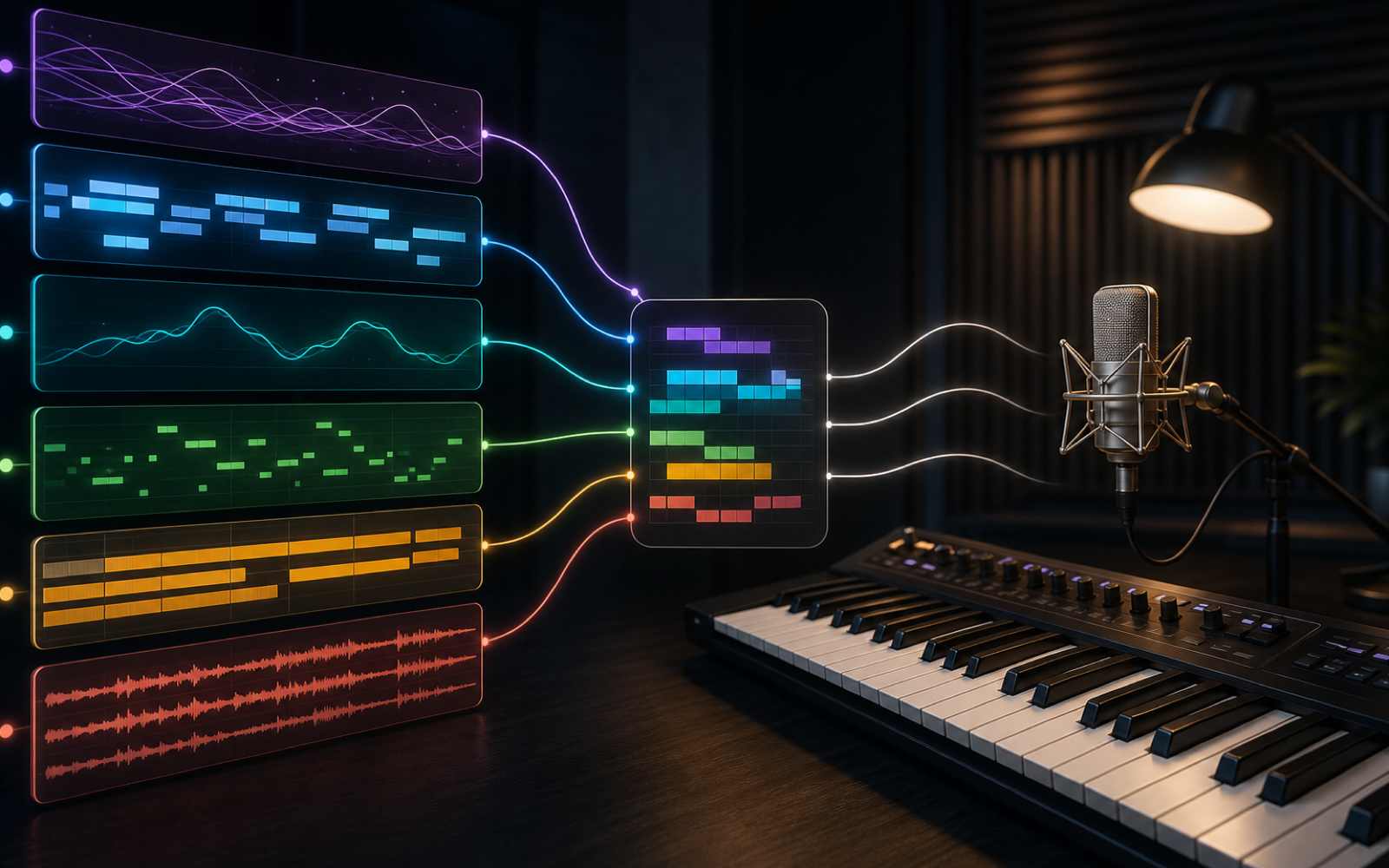 Lyrics, chords, melody, MIDI, arrangement, and stems converging into an editable song beside a keyboard and microphone