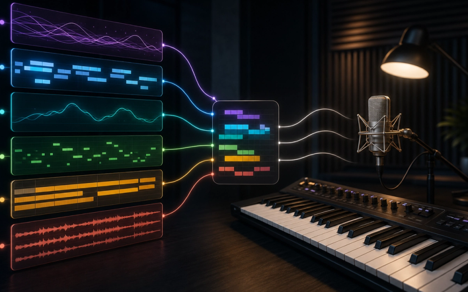 Lyrics, chords, melody, MIDI, arrangement, and stems converging into an editable song beside a keyboard and microphone