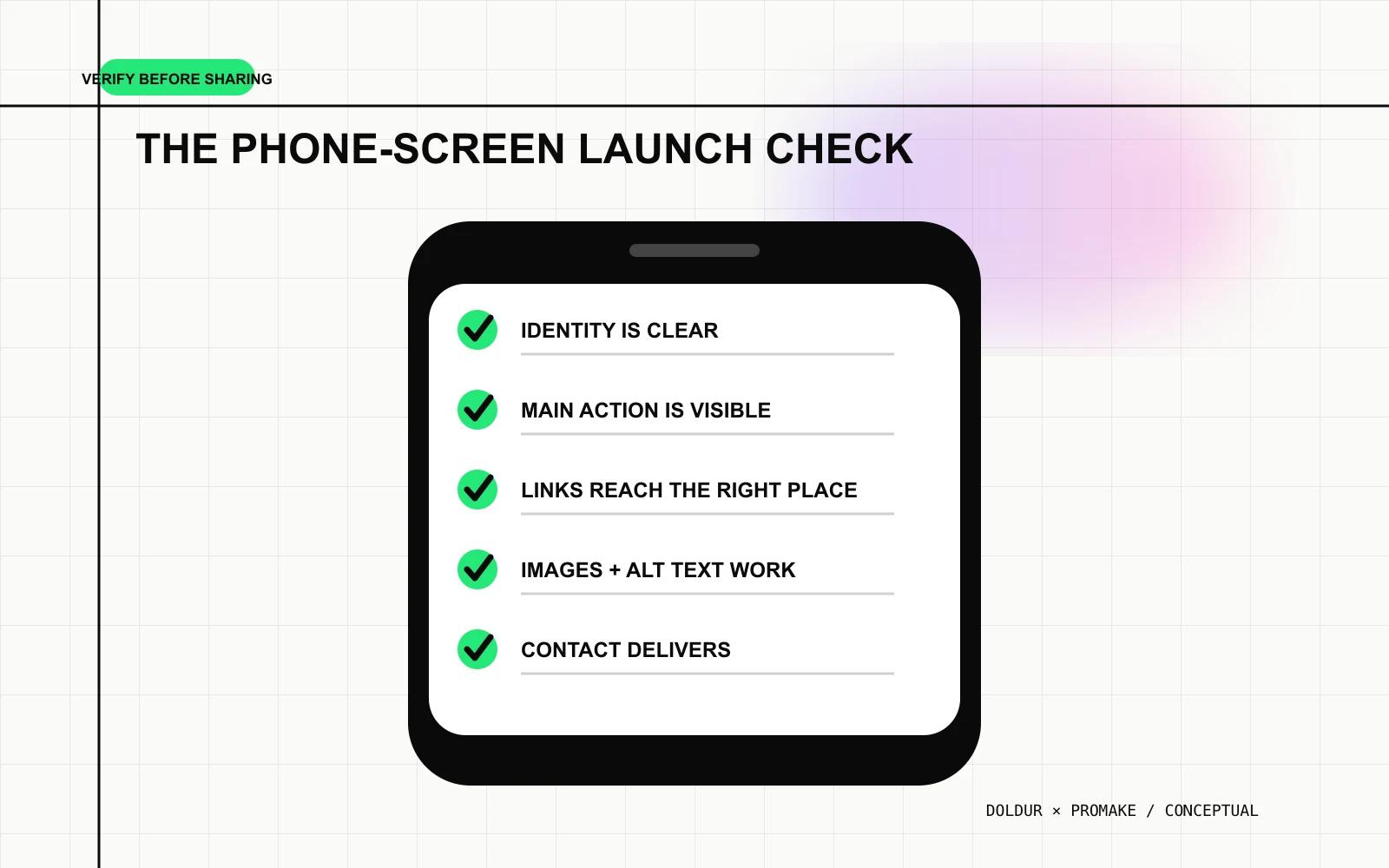 Five checks for a musician website on a mobile screen before launch.