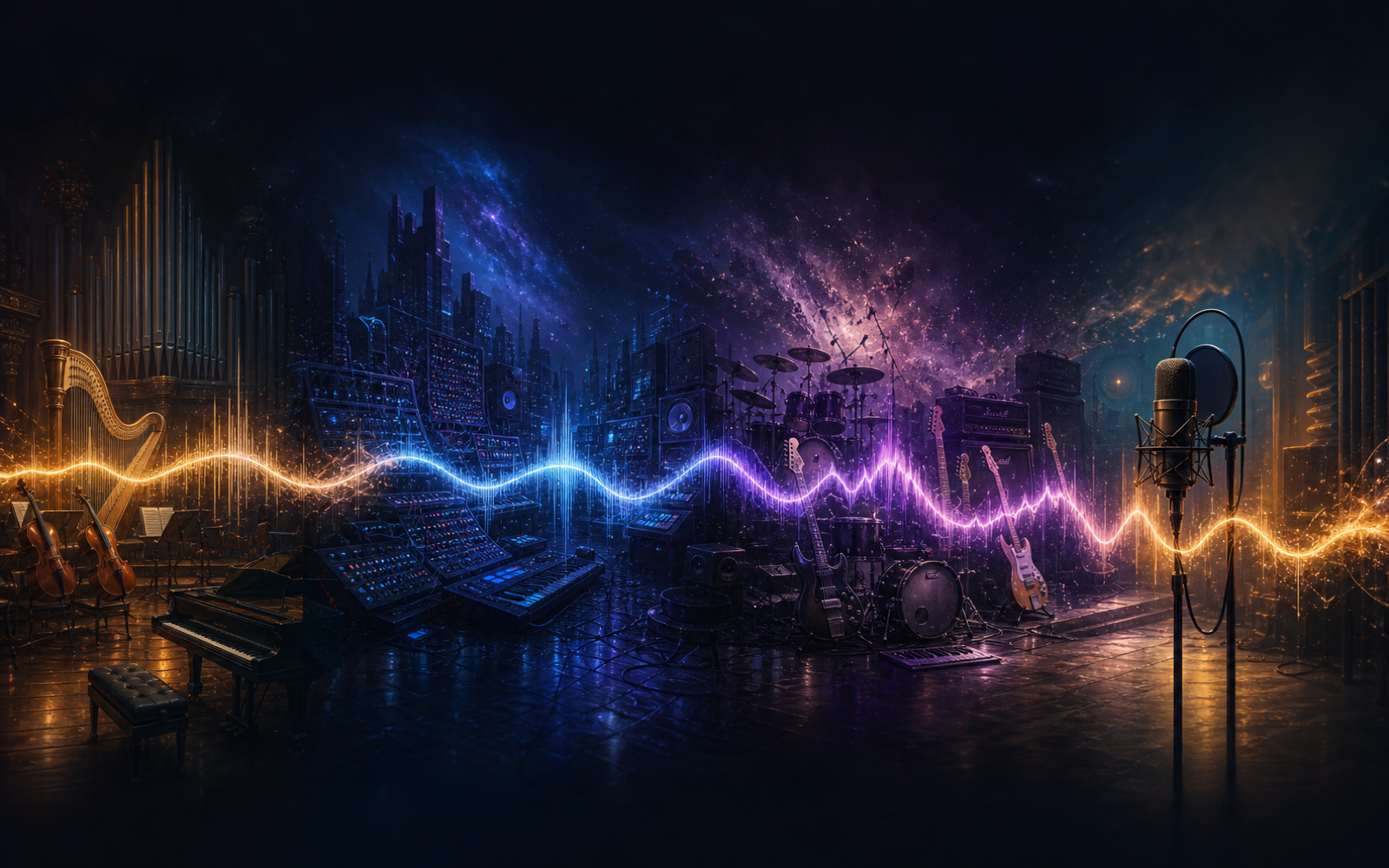 Layered waveforms expanding into a longer structured composition