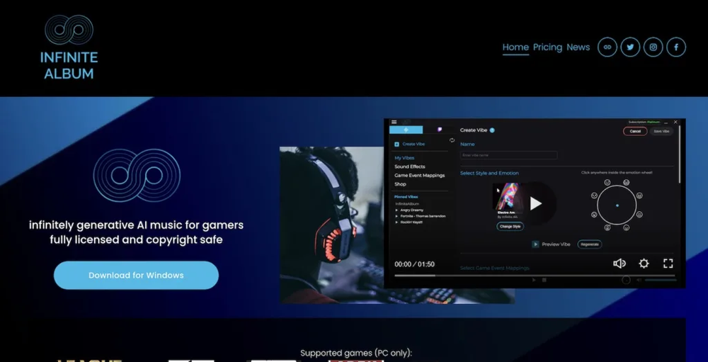 Livestream music interface showing adaptive game intensity and viewer-controlled soundtrack states