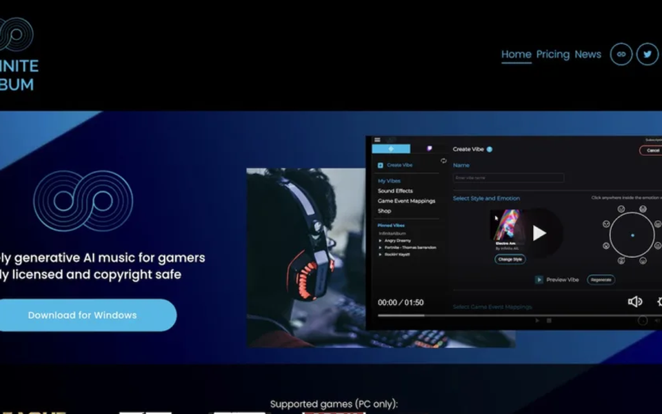 Livestream music interface showing adaptive game intensity and viewer-controlled soundtrack states
