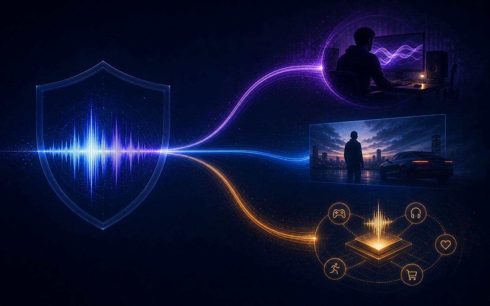 A protected music waveform branching toward creator, campaign, and application uses