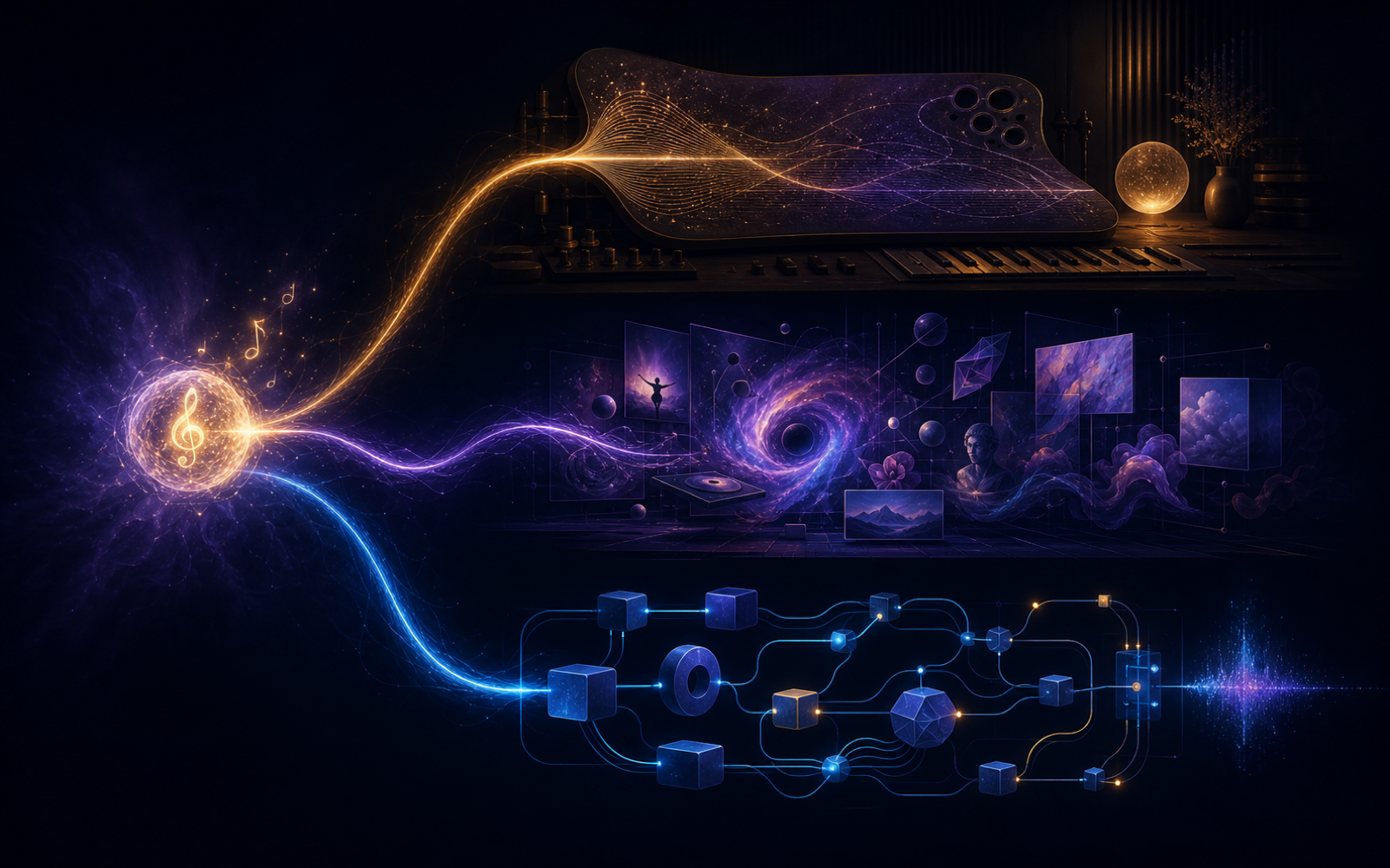 One musical idea branching into composition, multimedia, and programmable pathways
