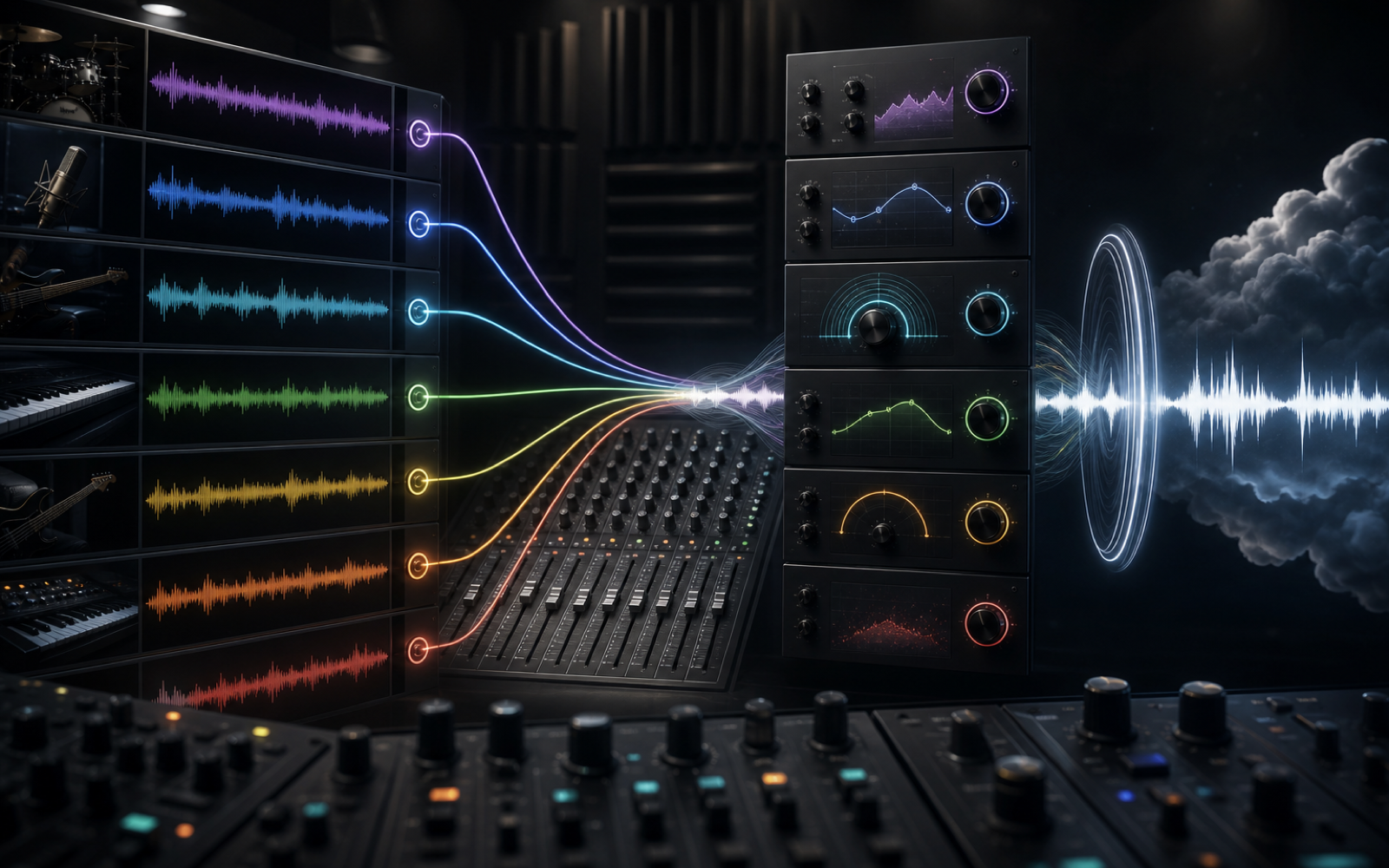 Multiple instrument stems passing through intelligent mixing processors into one polished stereo master in a dark studio