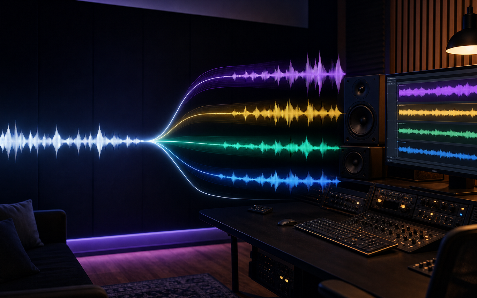 A stereo waveform separating into four colored audio streams in a dark professional recording studio