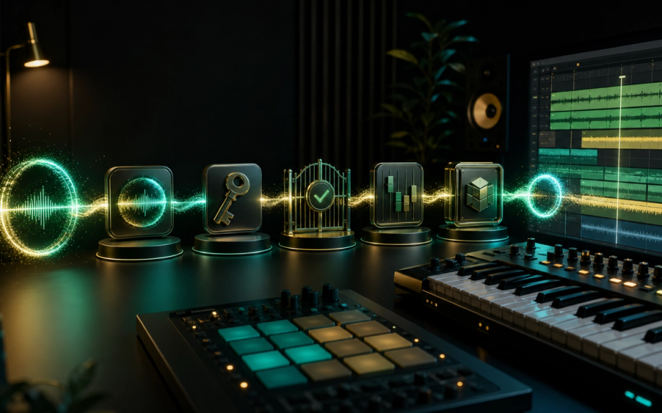 A glowing audio loop passing through source, permission, editing, and evidence checkpoints into a multitrack production
