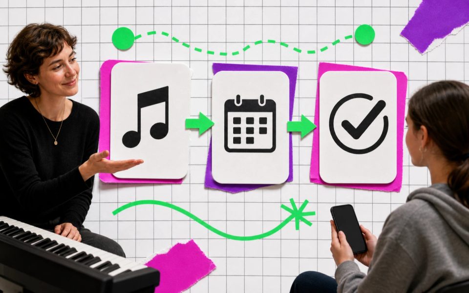 Music lesson offer connected to a booking step and verified online payment.