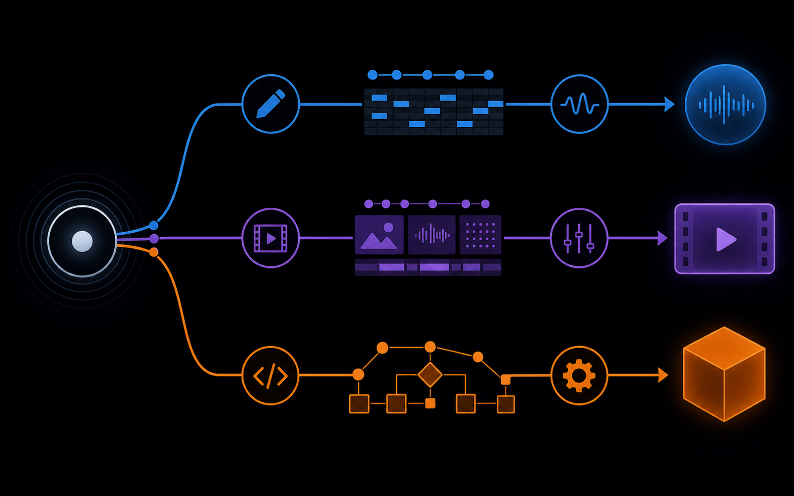 Three unlabeled pathways for direct music creation, creative assembly, and API automation