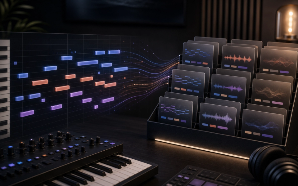Music producer organizing local MIDI and audio ideas in AudioCipher MIDI Vault