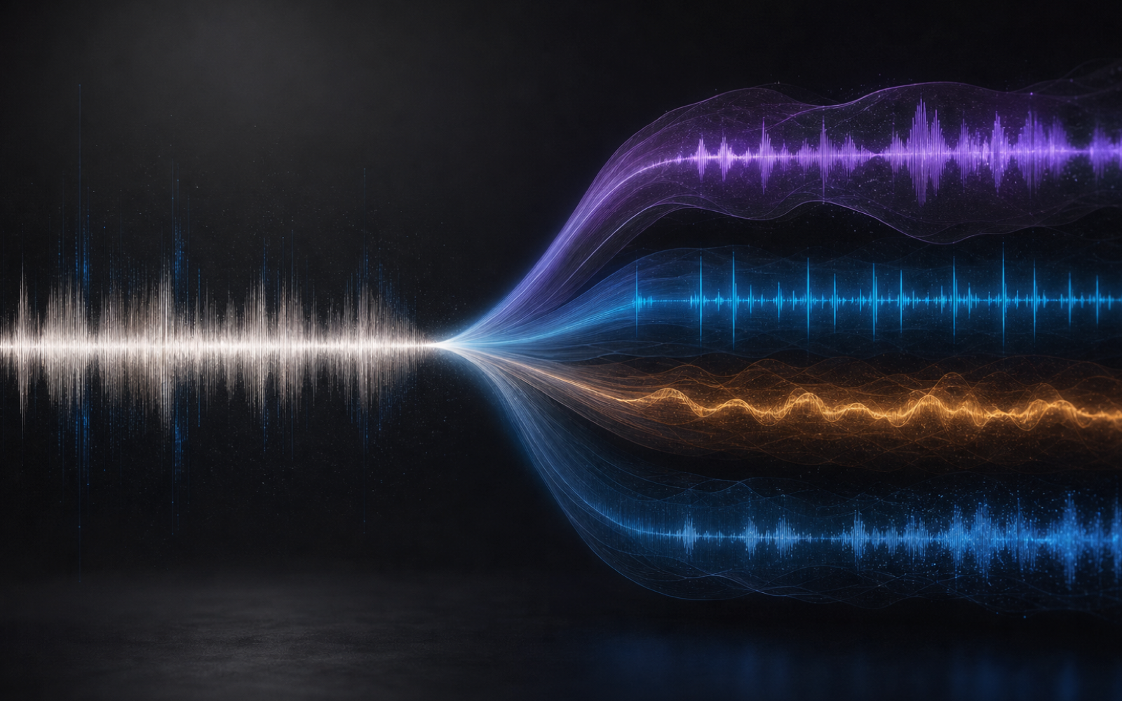 Abstract audio waveform divided into distinct vocal, drum, bass, and instrumental layers
