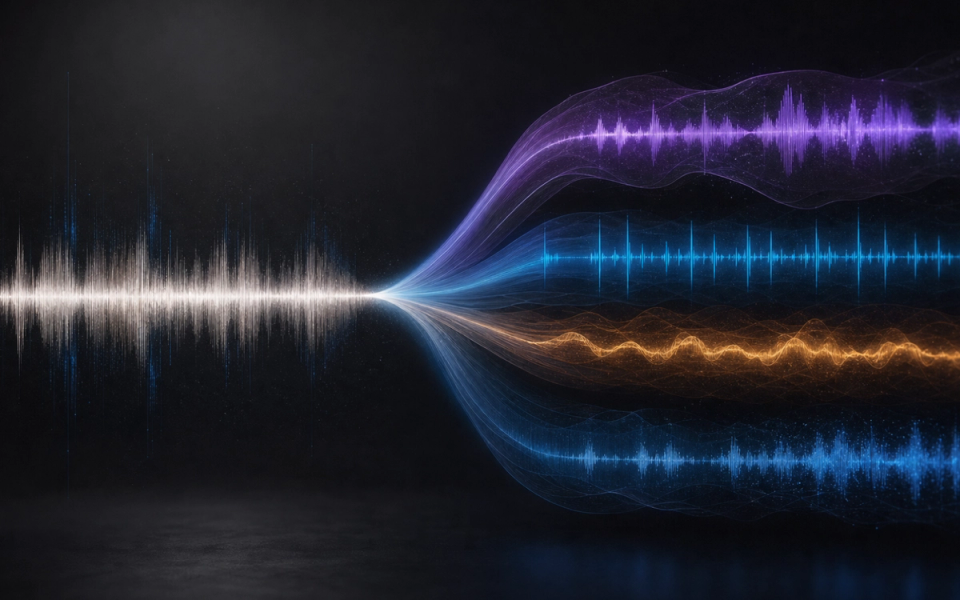 Abstract audio waveform divided into distinct vocal, drum, bass, and instrumental layers