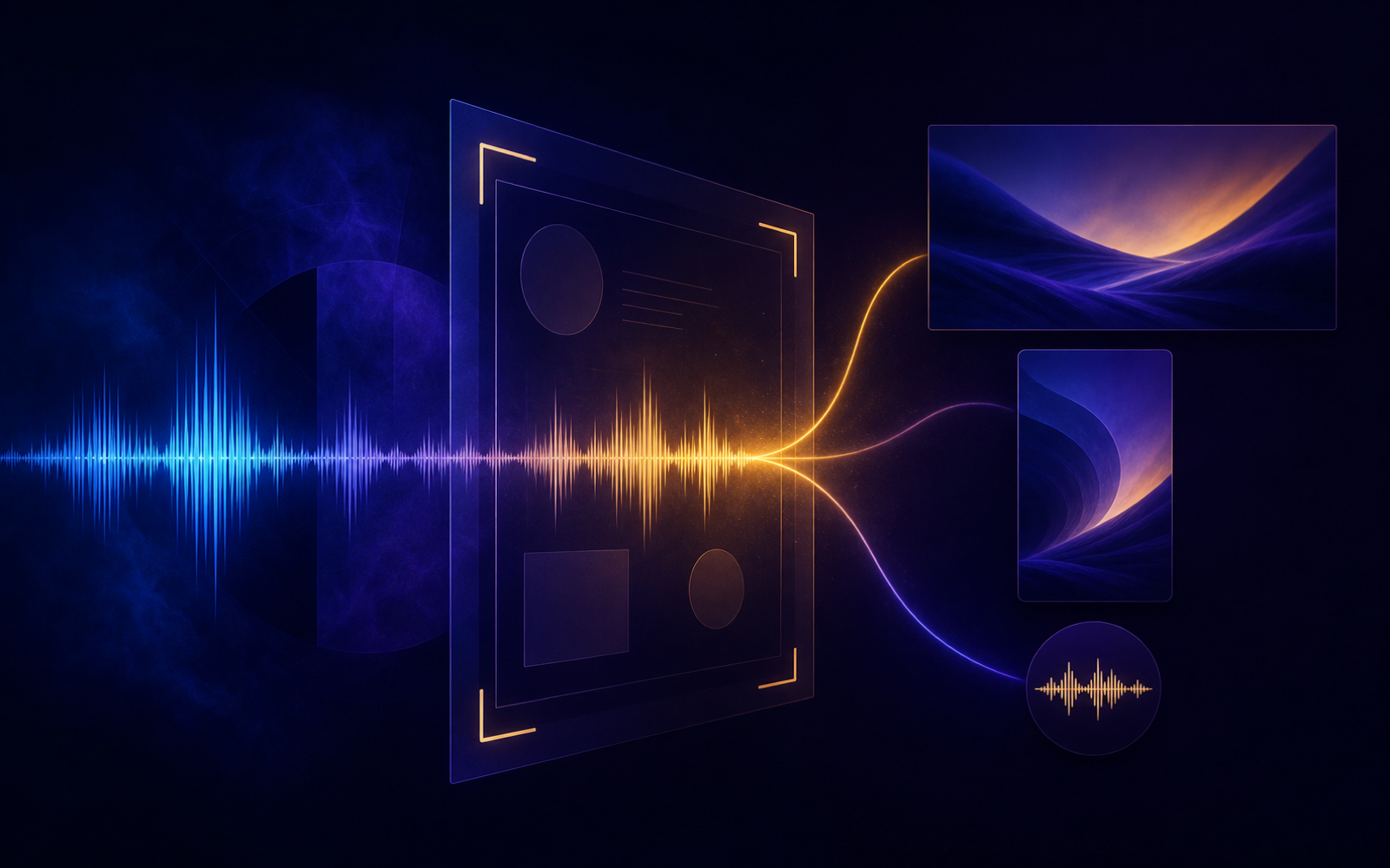 A musical waveform passing through a creative brief into several campaign formats
