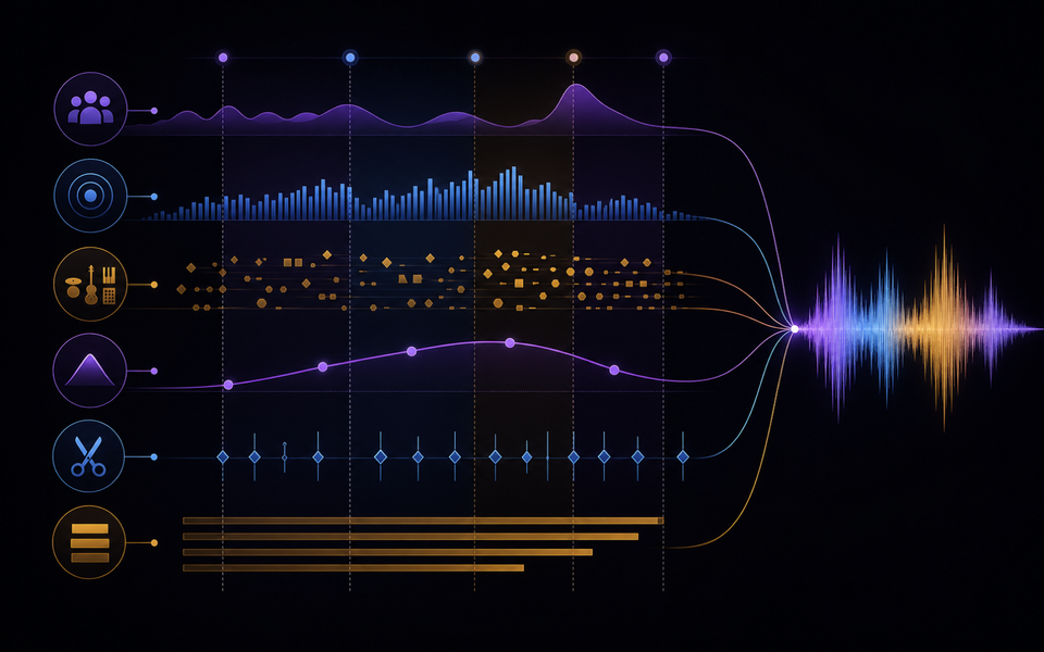 Connected music brief layers for audience, pace, instrumentation, edit points, and deliverables