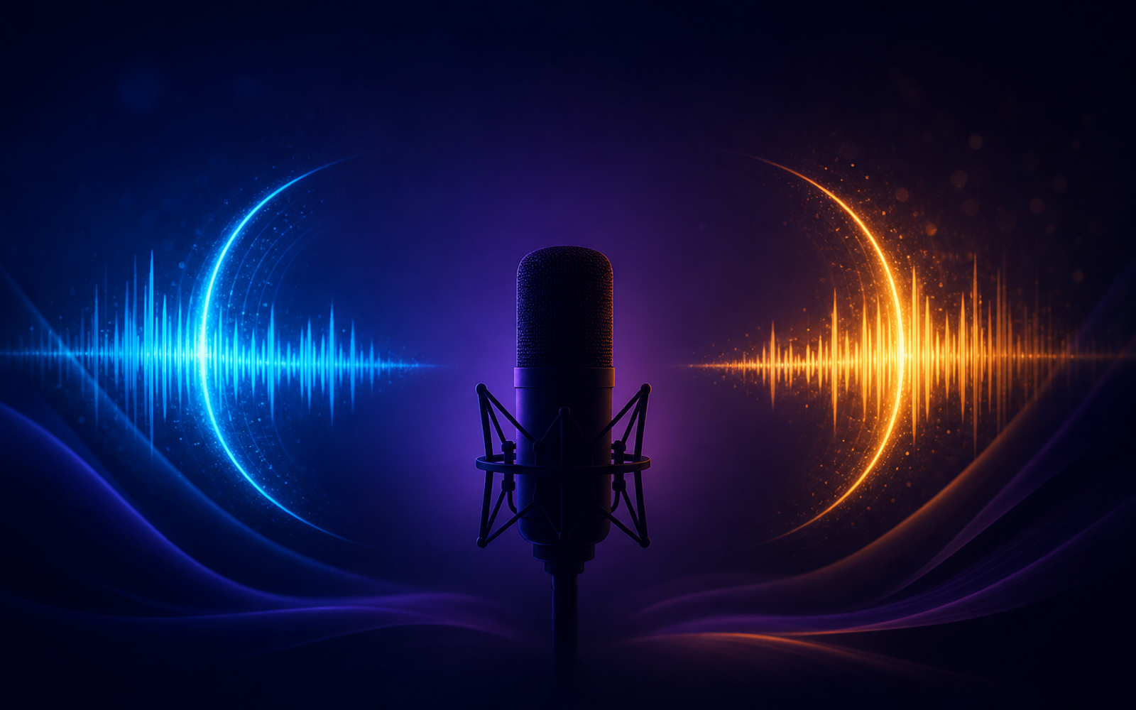 A studio microphone framed by short blue opening and amber closing sound cues