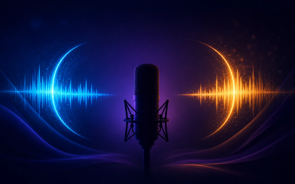 A studio microphone framed by short blue opening and amber closing sound cues