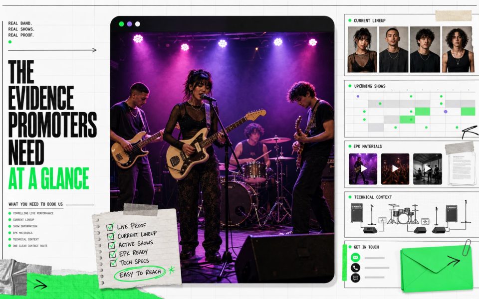 Live band performance, show information and booking contact arranged as a band website.
