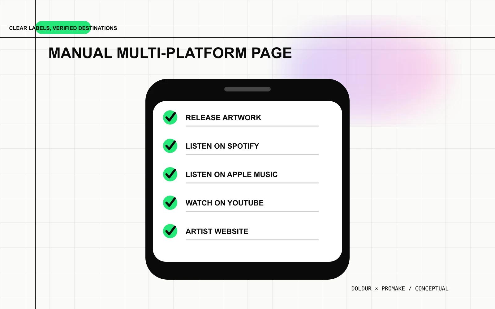 Manual music link page with release artwork and clearly named platform buttons.