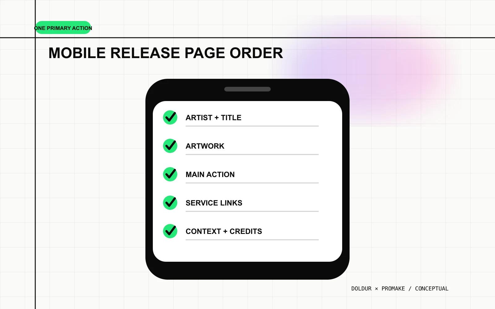 Mobile release page with artwork, one main action, service links, context and credits.