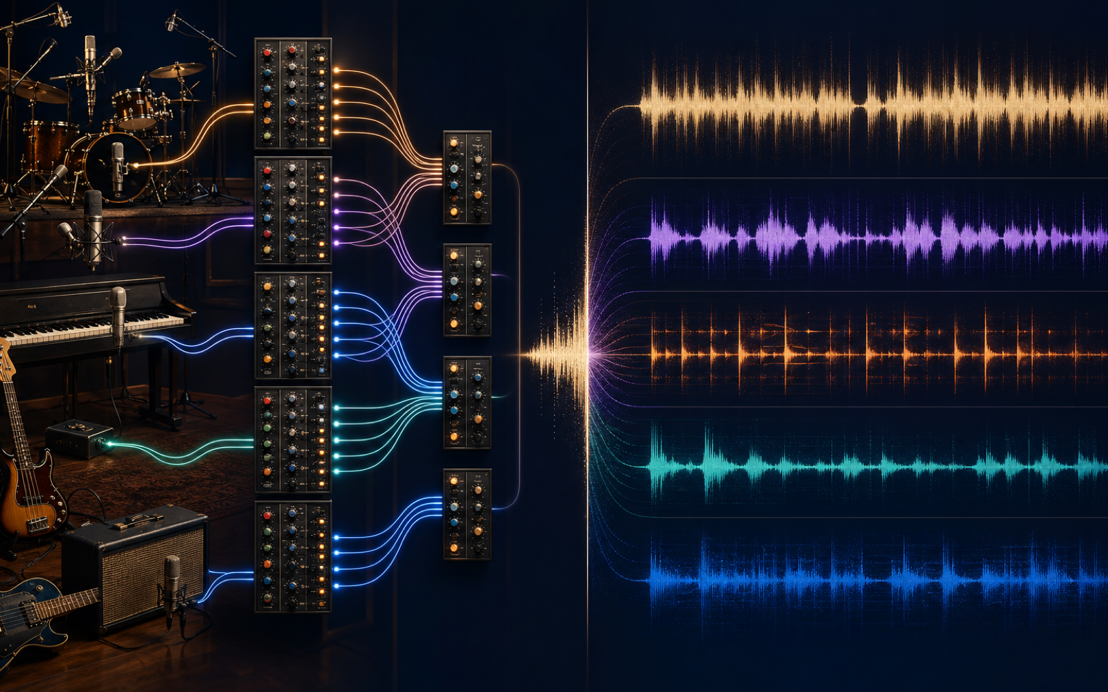 Original studio instruments routed into grouped stems beside a finished waveform separated into estimated audio sources