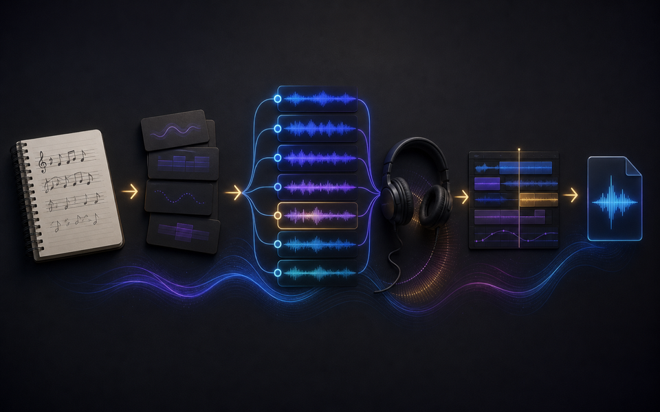 Visual workflow from a musical idea through generation, review, and export