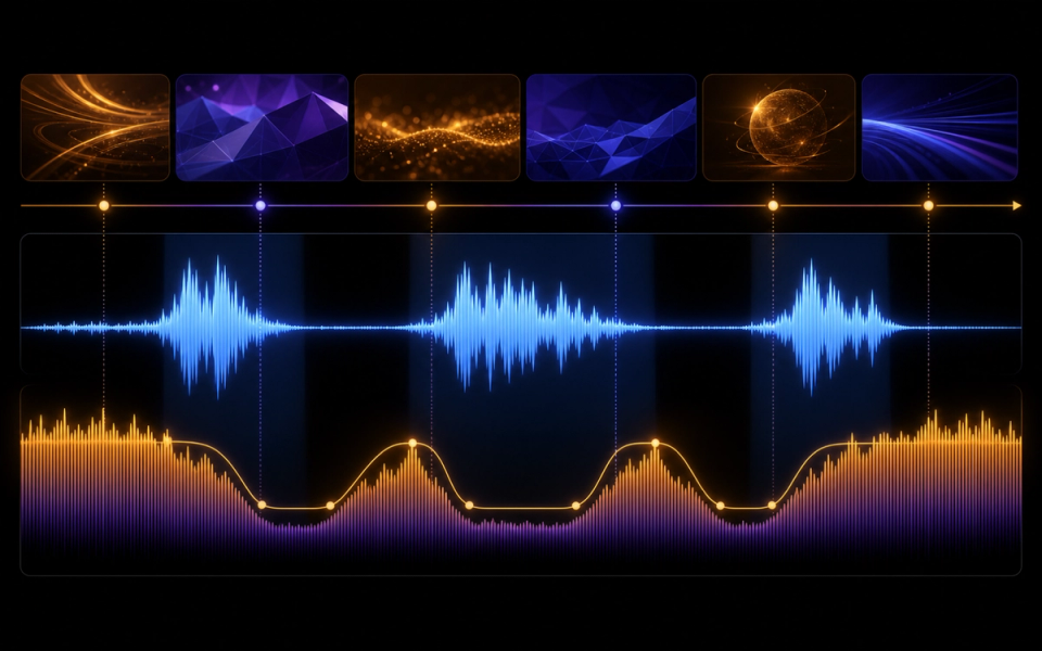 Visual timeline showing music lowering beneath spoken narration
