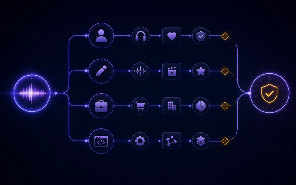 Decision paths connecting a generated track to personal, creator, commercial, and API uses