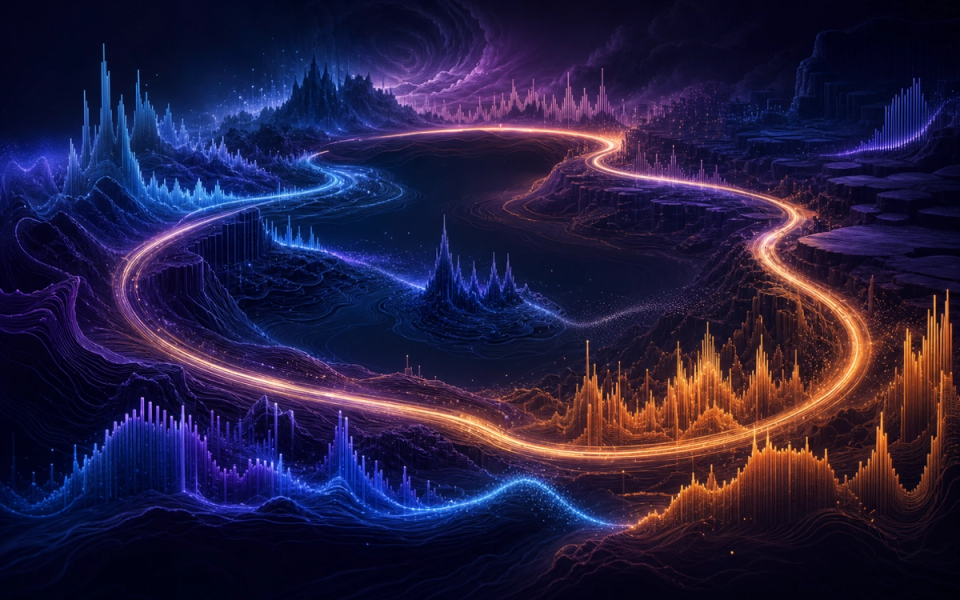 A glowing musical path curling into a seamless loop through an abstract game world