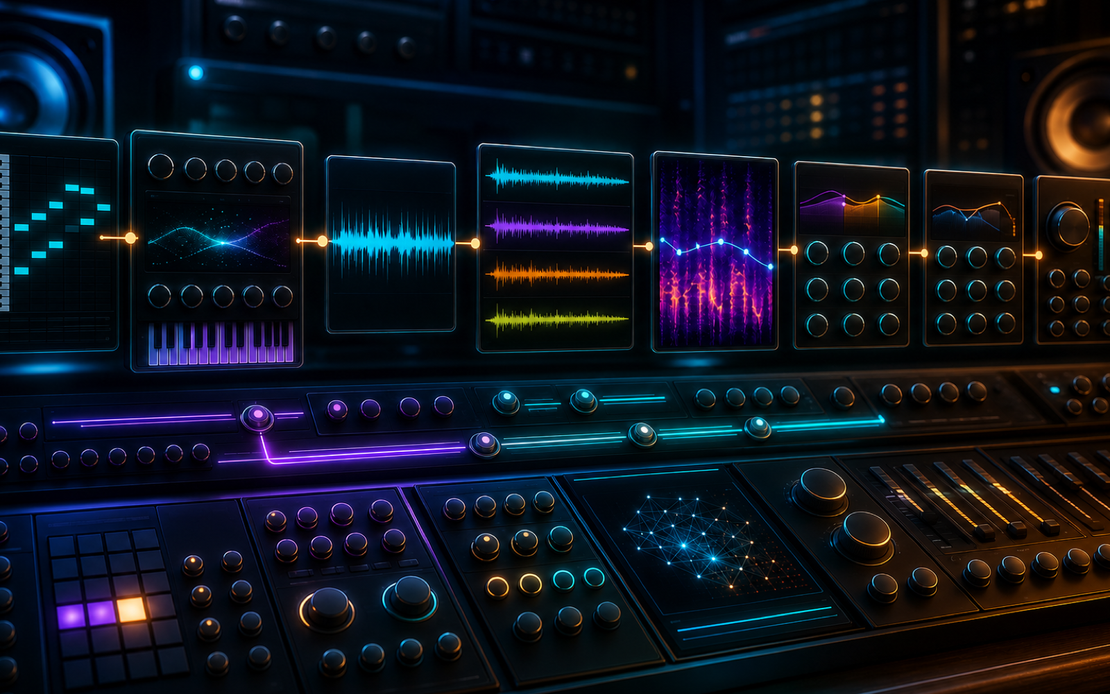 An editable production chain moving from MIDI and synthesis through stems, spectral repair, mixing controls, and mastering