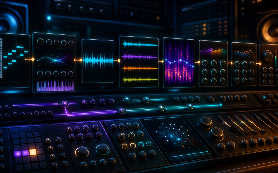 An editable production chain moving from MIDI and synthesis through stems, spectral repair, mixing controls, and mastering