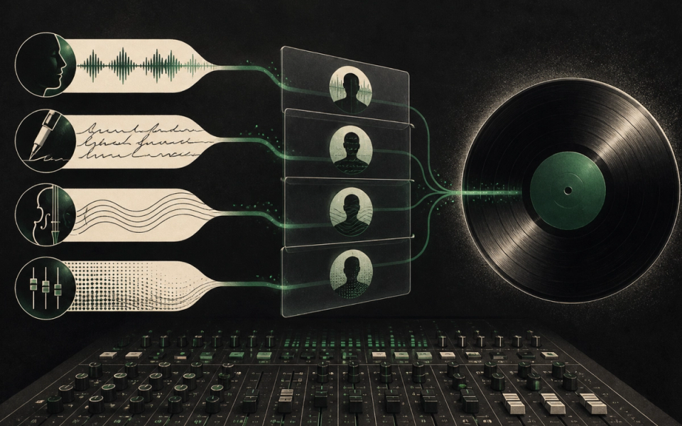 Four AI contribution roles flowing into the credits for a finished record