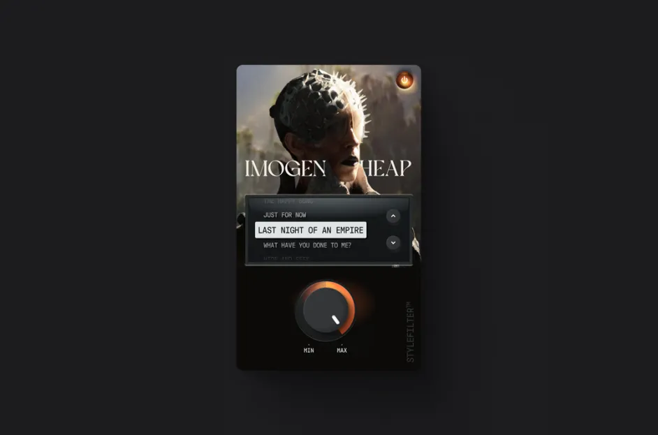 Licensed Imogen Heap StyleFilter controls inside a music-generation workspace