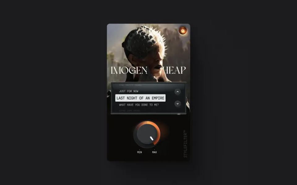 Licensed Imogen Heap StyleFilter controls inside a music-generation workspace