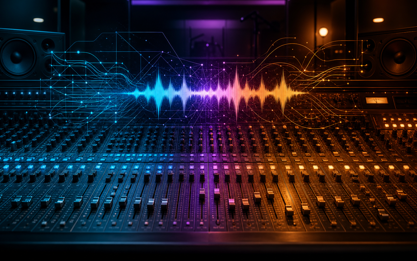 Cool algorithmic signal paths and warm analog routing merging into one balanced waveform across a mixing console