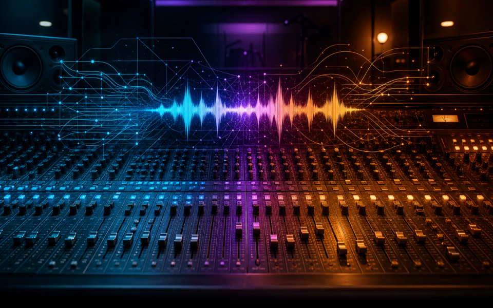 Cool algorithmic signal paths and warm analog routing merging into one balanced waveform across a mixing console