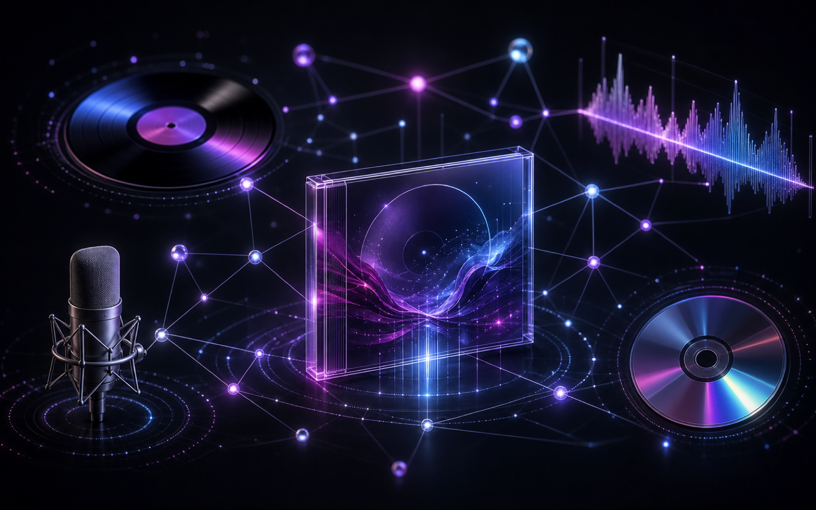 Album, recording, artist microphone, and digital release connected as a luminous data graph
