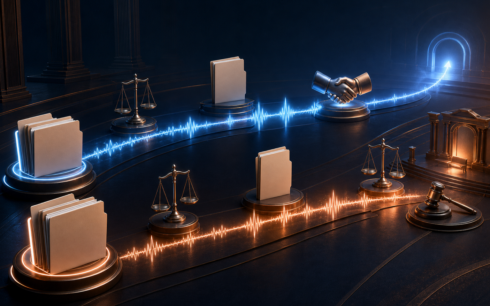 Two AI music copyright case paths moving from court filings toward a settlement and an unresolved courtroom