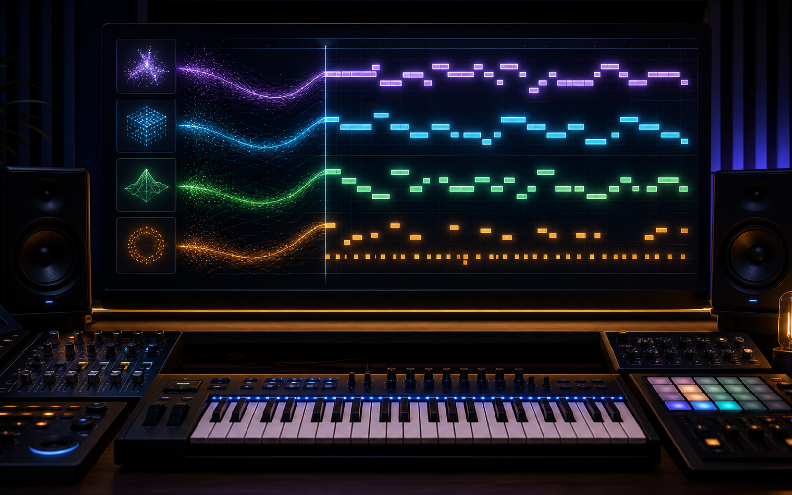 Audio, MIDI, annotations, and text flow into a music AI model