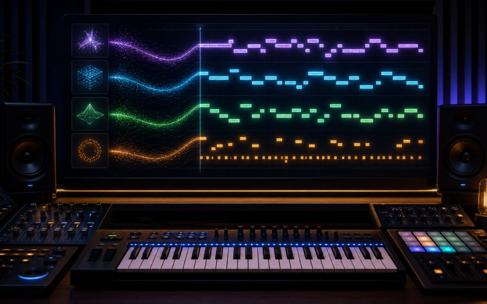 Audio, MIDI, annotations, and text flow into a music AI model