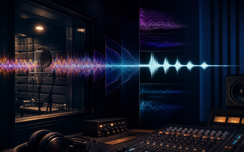 A studio microphone beside a dense audio waveform becoming a clean isolated vocal waveform