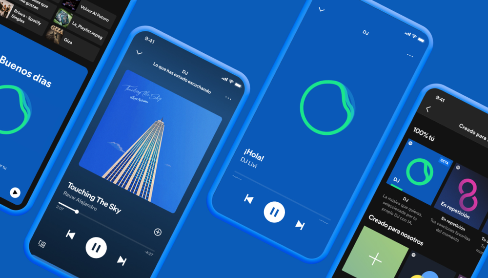 Spotify AI DJ interface with Spanish voice commentary and personalized music recommendations