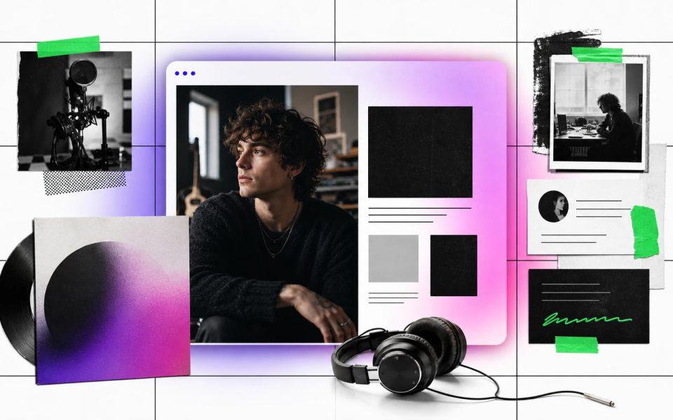 Artist portrait, release artwork and website brief arranged as the building blocks of a musician website.