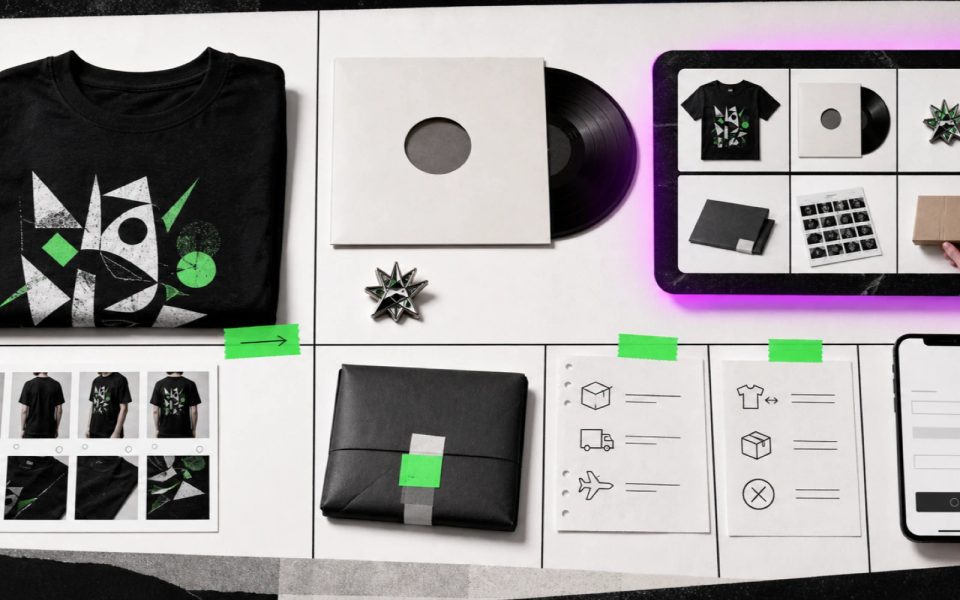 Artist shirt, poster and physical release arranged in a clear merchandise storefront.