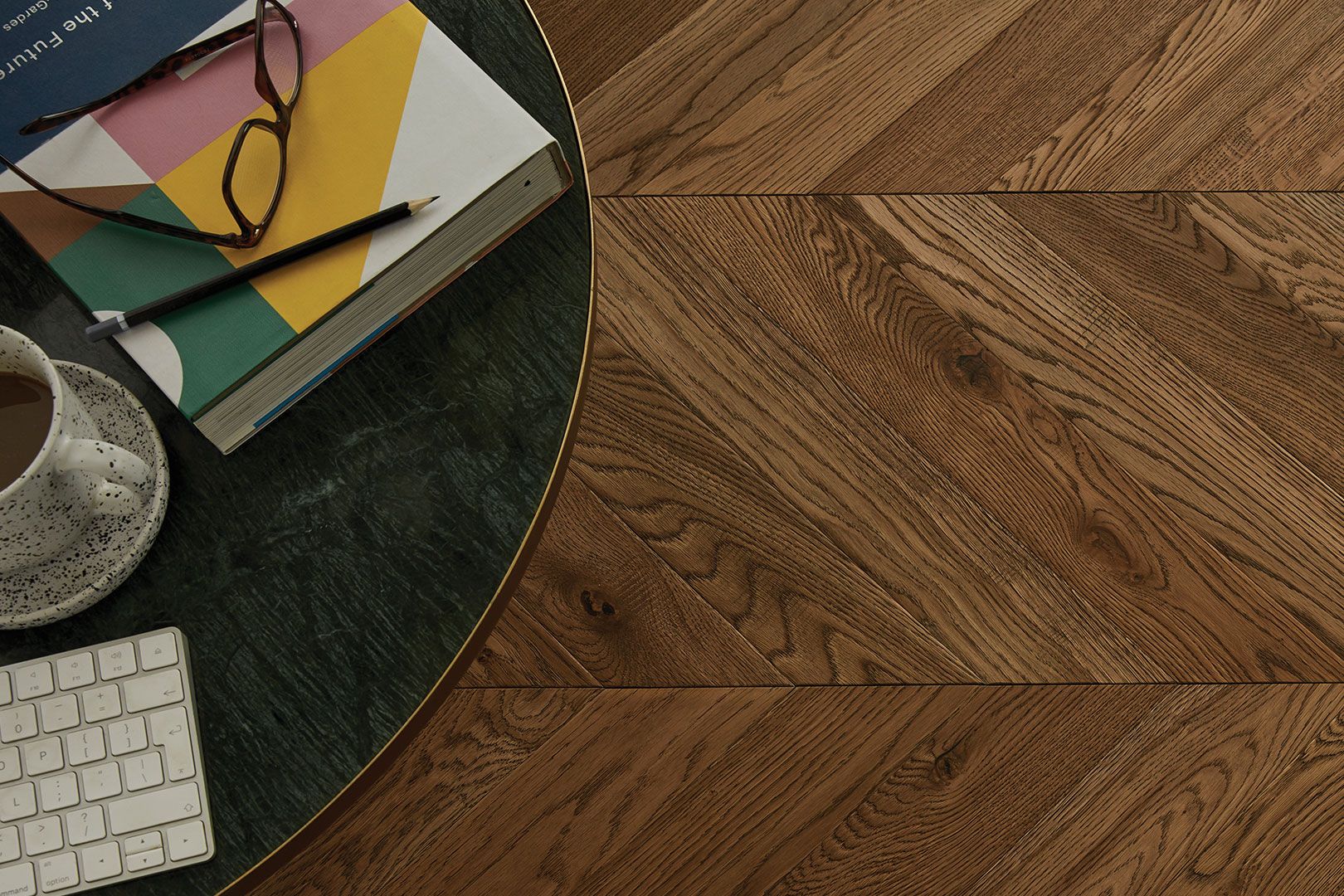 Chevron inspired wood flooring room setting