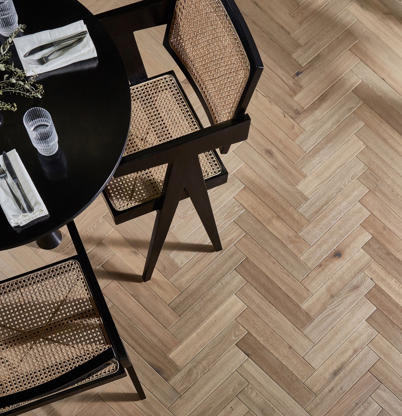Thatch narrow herringbone wood flooring roomset