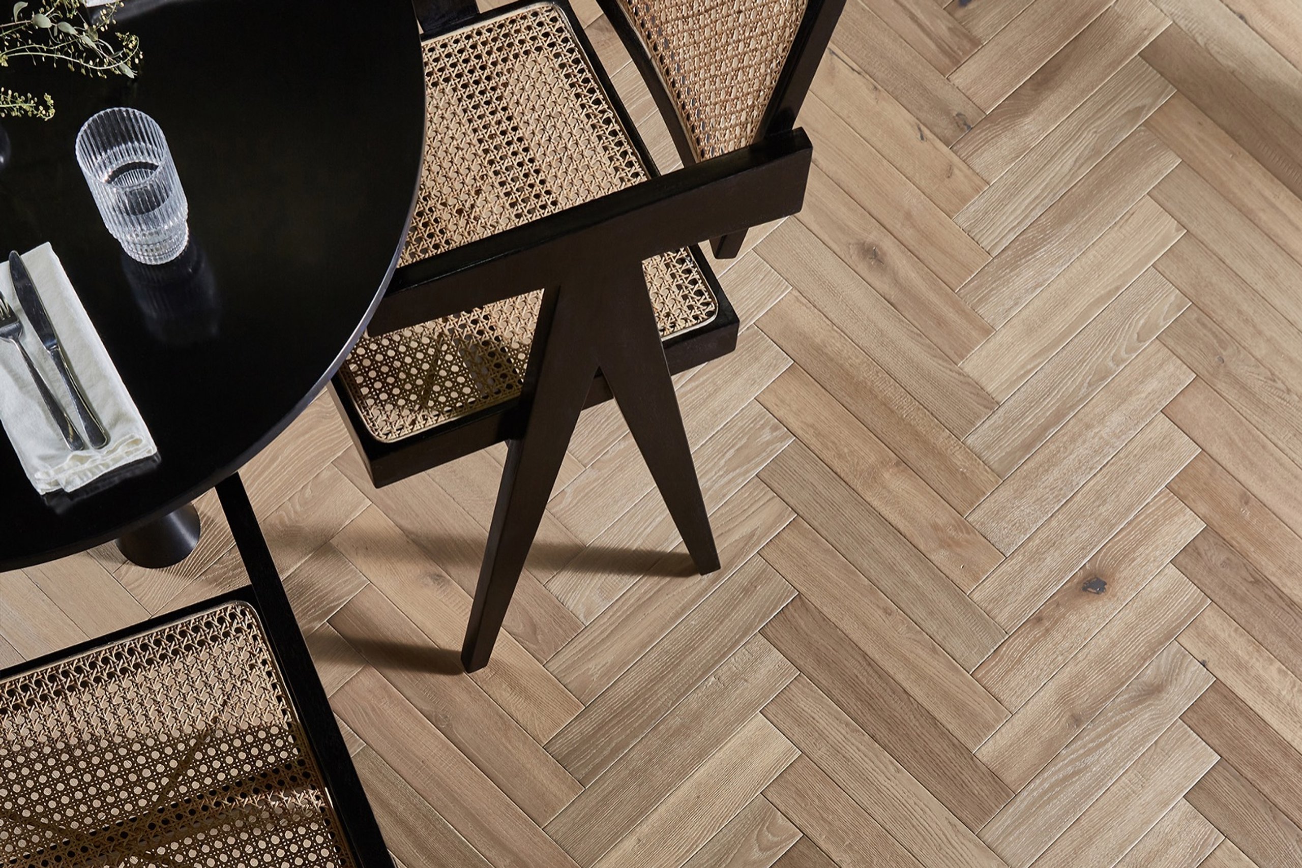 Thatch narrow herringbone wood flooring roomset