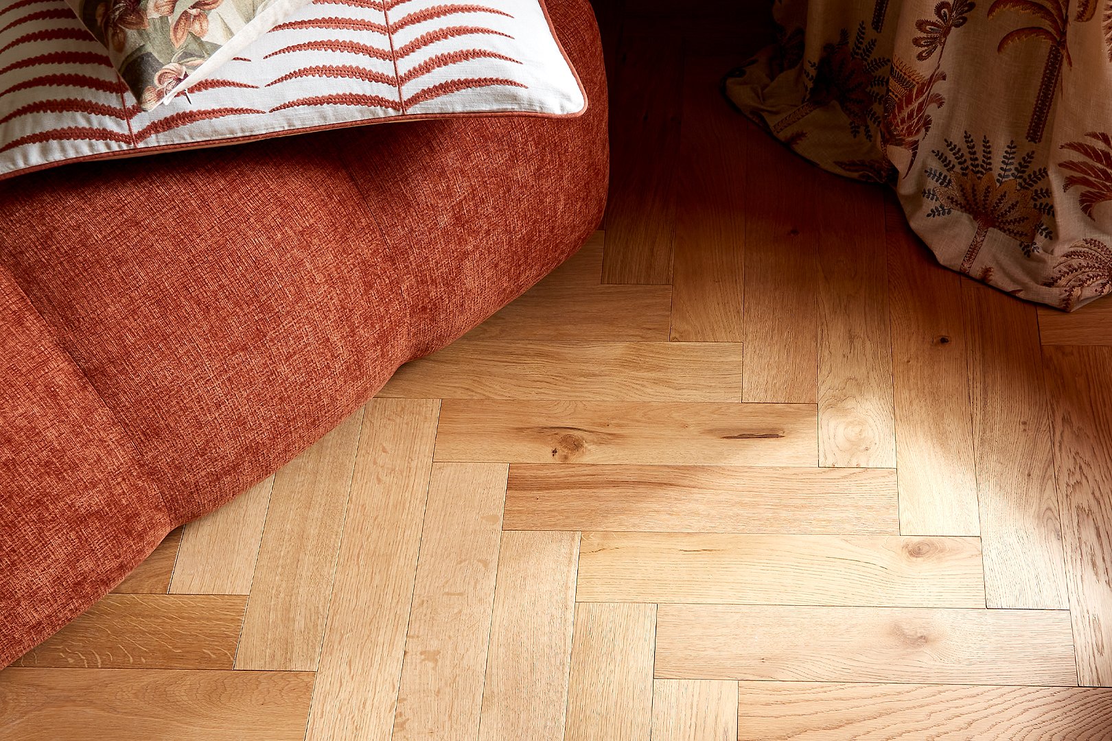 Almond Narrow Herringbone with Esselle Home Novena Terracotta & Saffron Mulberry Cushion, Solana Multicolour Curtain