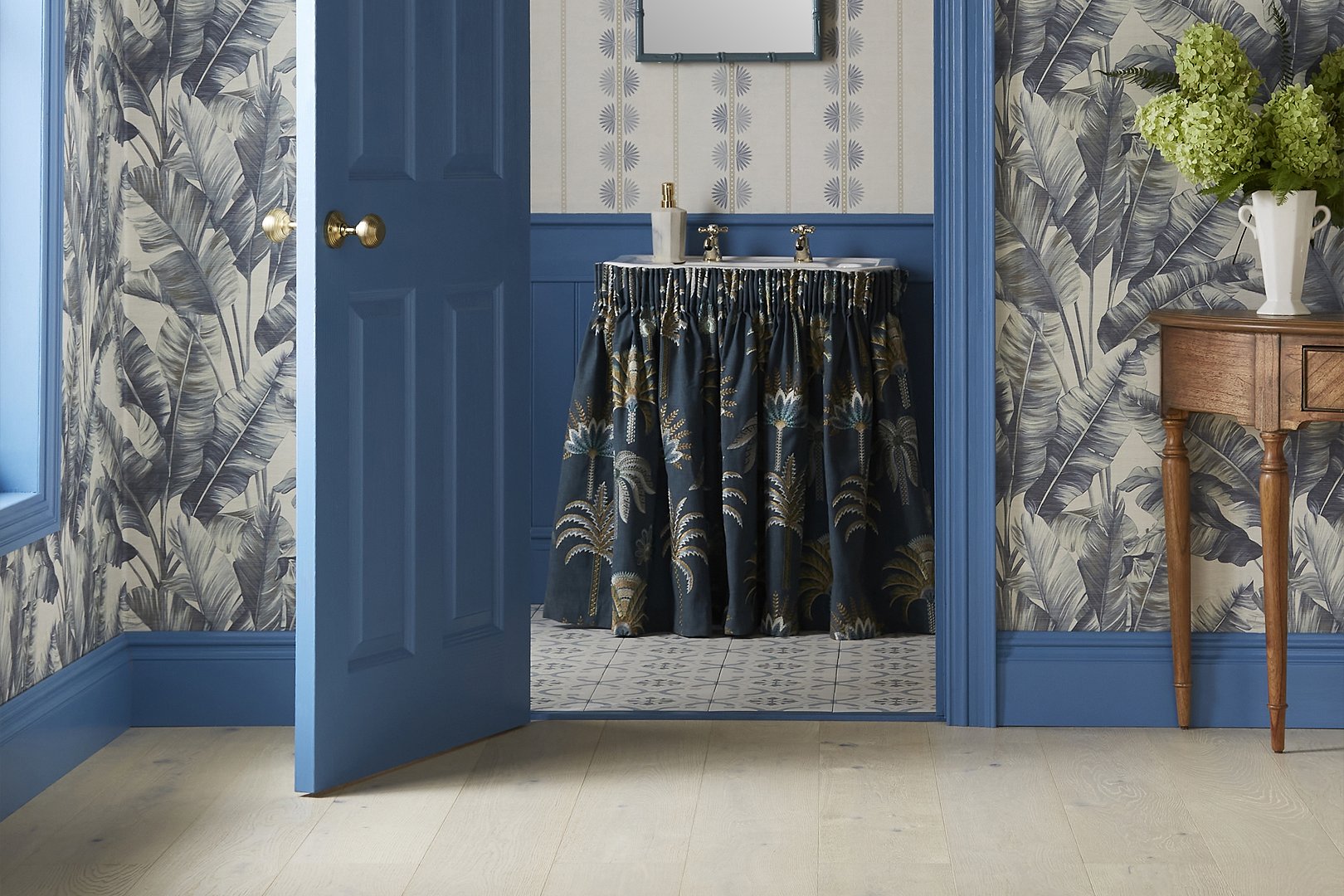 Linton Wide Plank with Esselle Home Canopy Blue Wallpaper, Solana Teal Fabric, Maris Blue Wallpaper